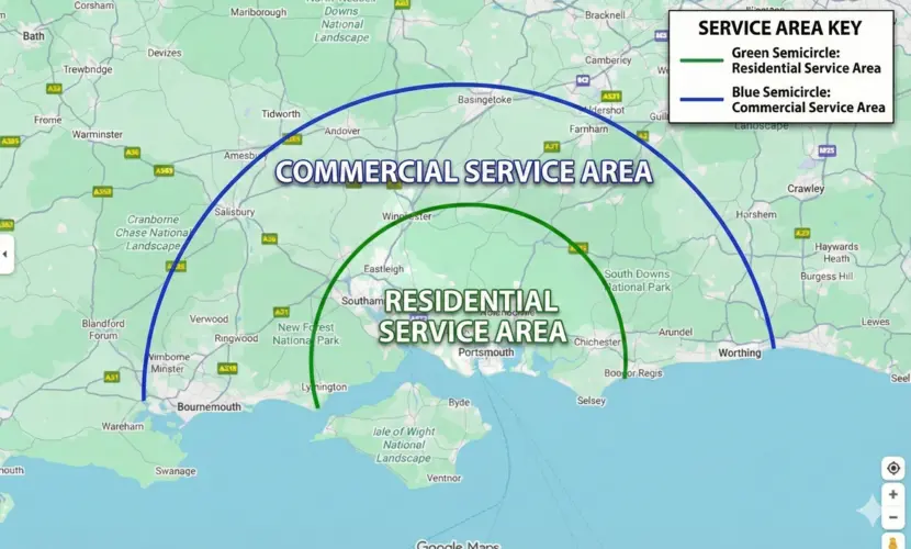 Pallard Roofing Service Area Map - Residential and Commercial coverage across Portsmouth, Southampton, Bournemouth and the South Coast